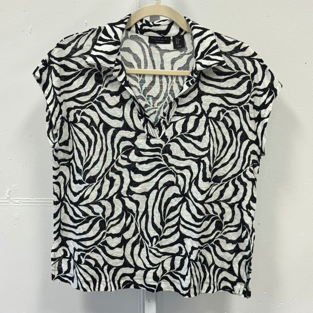 Tahari 100% Linen Zebra Print V-Neck Cap Sleeve‎ Top T-shirt Black White Med